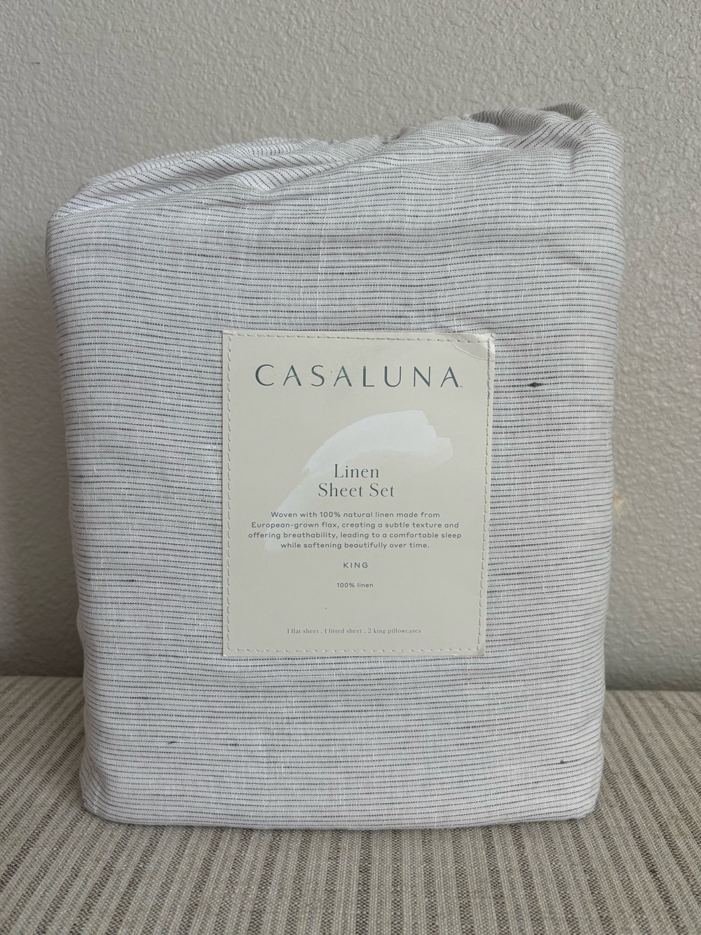 NWT King 100% Linen Sheet Set Dark Gray Micro Stripe - Casaluna